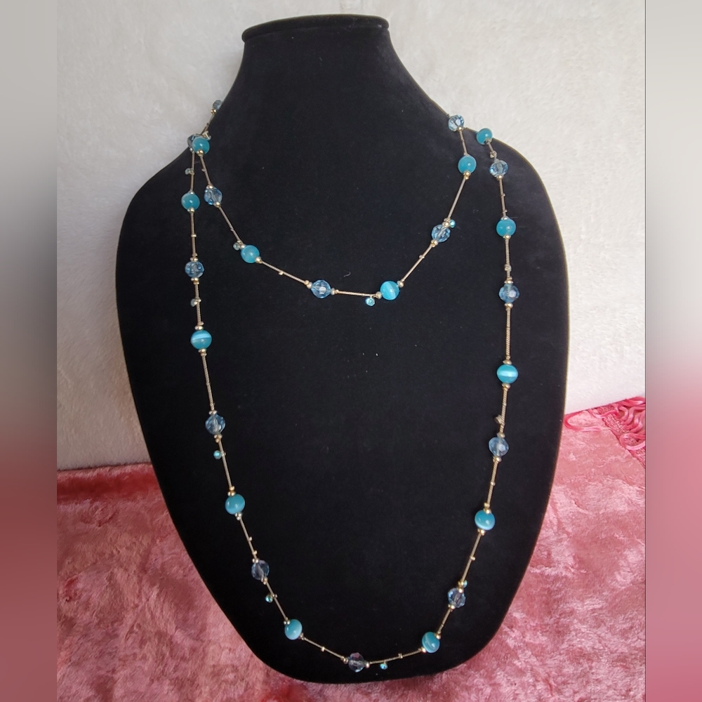 Long Blue Catseye Illusion Necklace - Vintage, Estate, 60", Versatile Styling - Picture 7 of 11